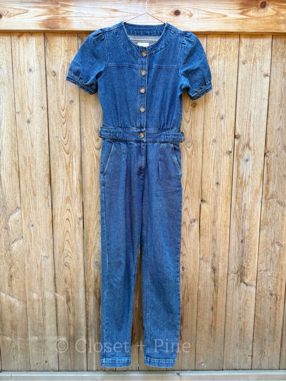 Sezane Lucia Denim Jumpsuit Short Sleeve Size 2 FR 34 - Picture 3 of 17